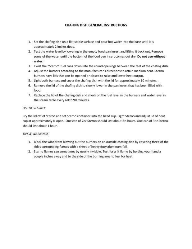 Chafing Dish Instructions Party Hire Auckland